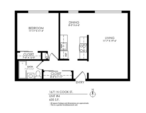 Floor plan for 1 bed, 1 bath, 640 sqft